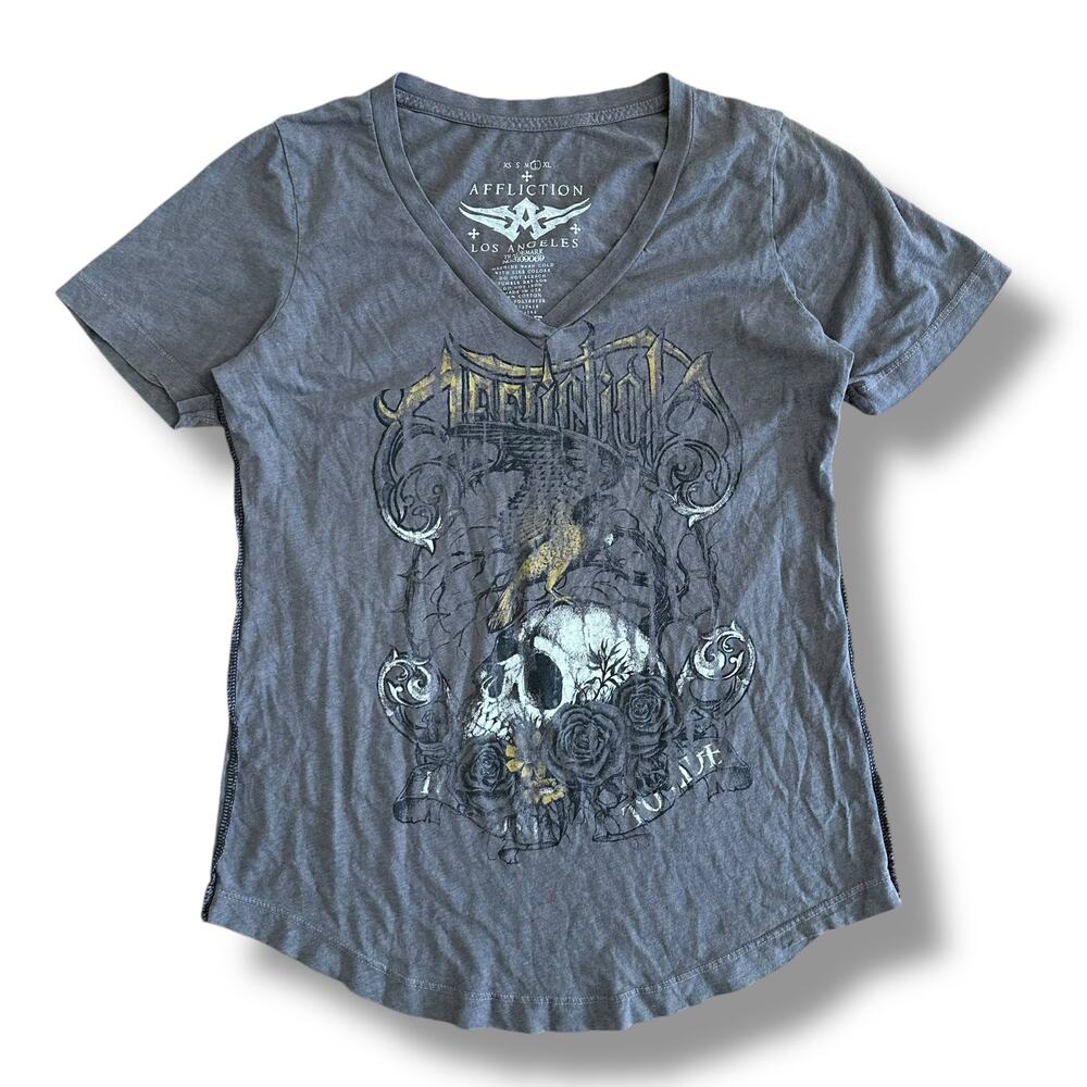 Affliction Y2K Grunge Skull Short Sleeve Shirt Womens‎ Size L Brown Gray